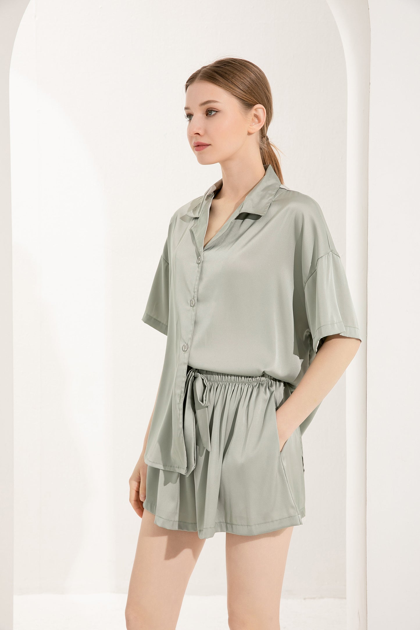 Sage green oversized short sleeve with shorts pyjamas