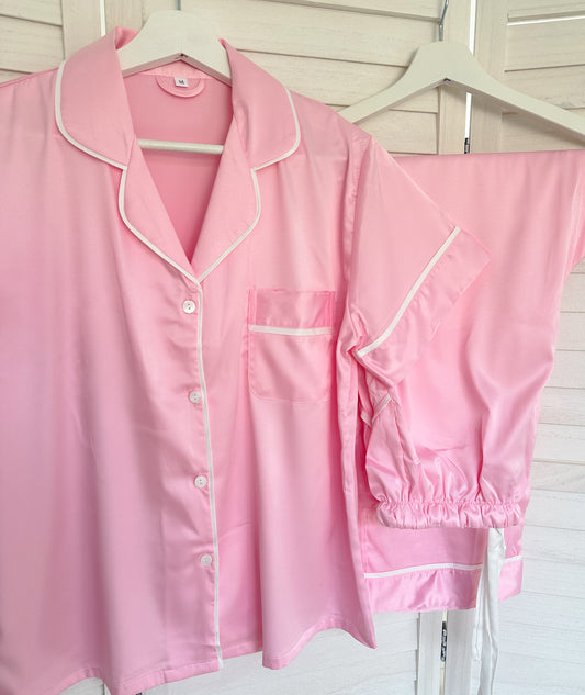 Pink Personalised Short Sleeve & Trousers Satin Pyjamas