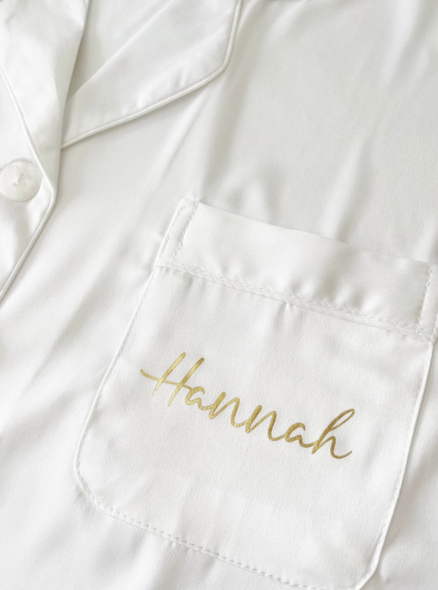 White Personalised Short Sleeve & Trousers Satin Pyjamas