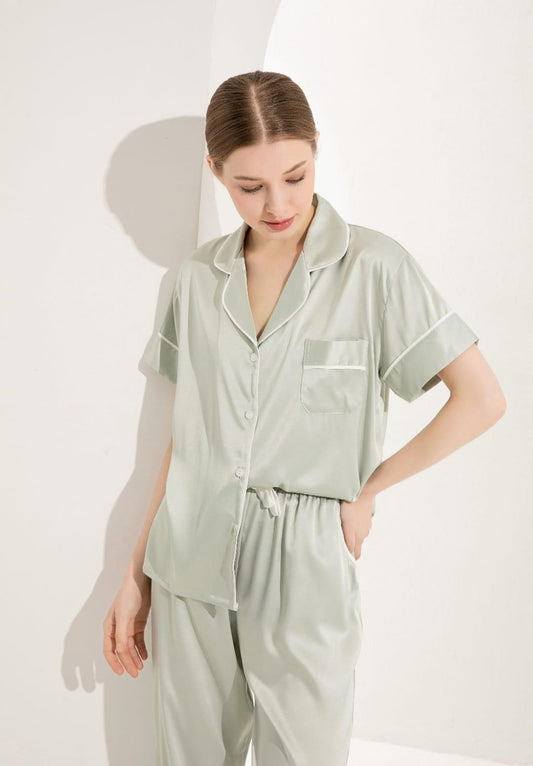 Agave Pale Green Personalised Short Sleeve & Trousers Satin Pyjamas