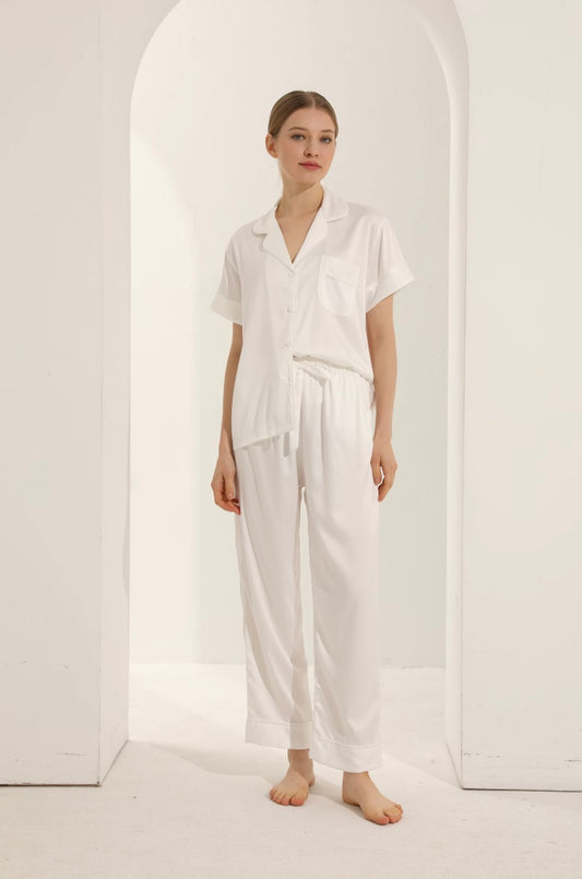 White Personalised Short Sleeve & Trousers Satin Pyjamas