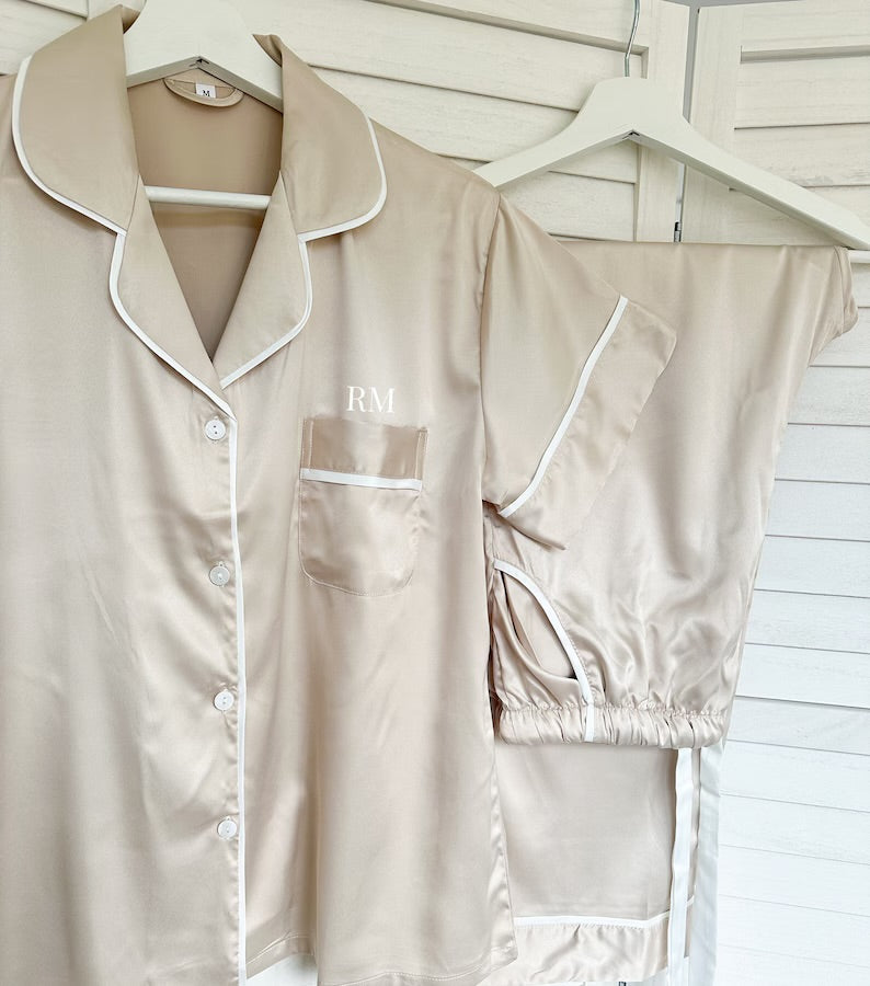 Champagne Personalised Short Sleeve & Trousers Satin Pyjamas