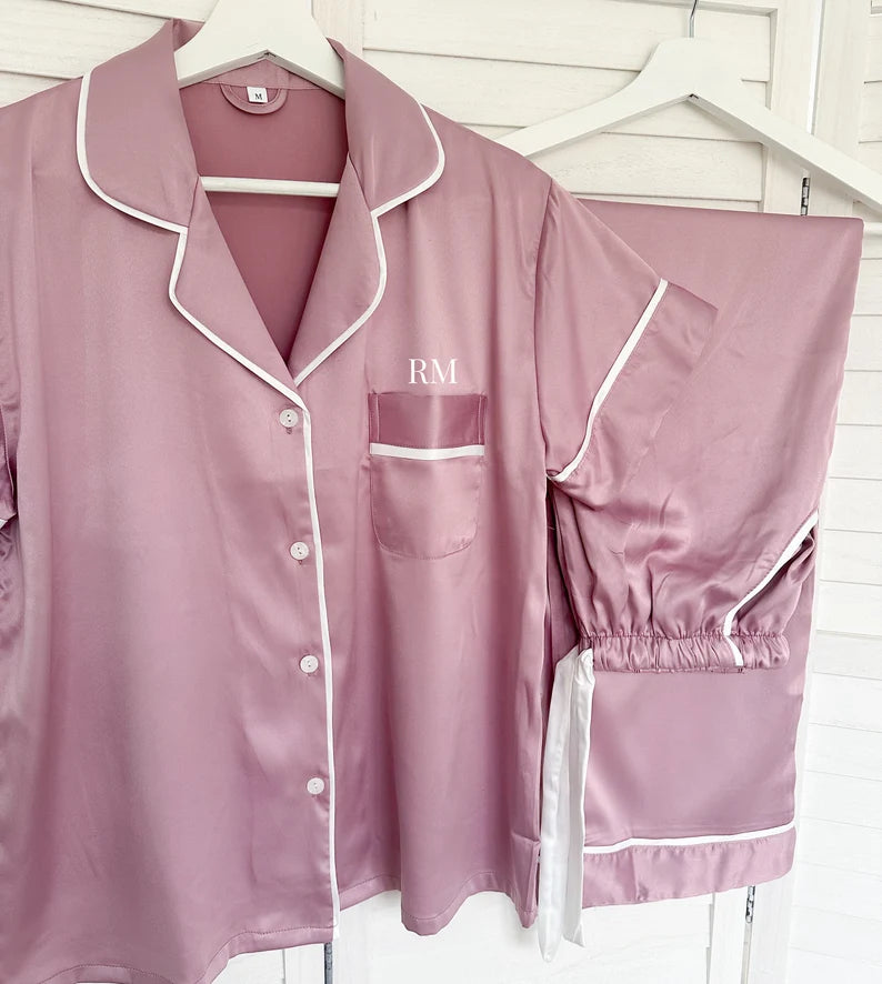 Mauve Personalised Short Sleeve & Trousers Satin Pyjamas
