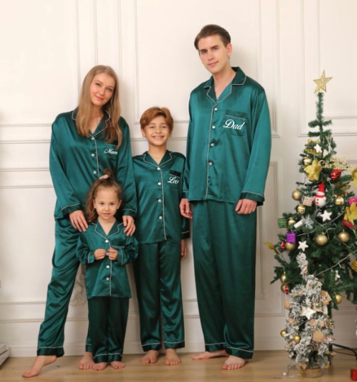 Long Dark Green Satin Personalised Pyjamas
