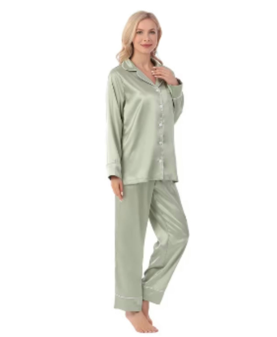Sage Green Personalised Long Satin Pyjamas