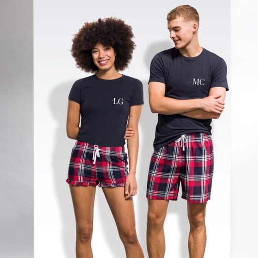 Matching personalised tartan pyjama set for couples