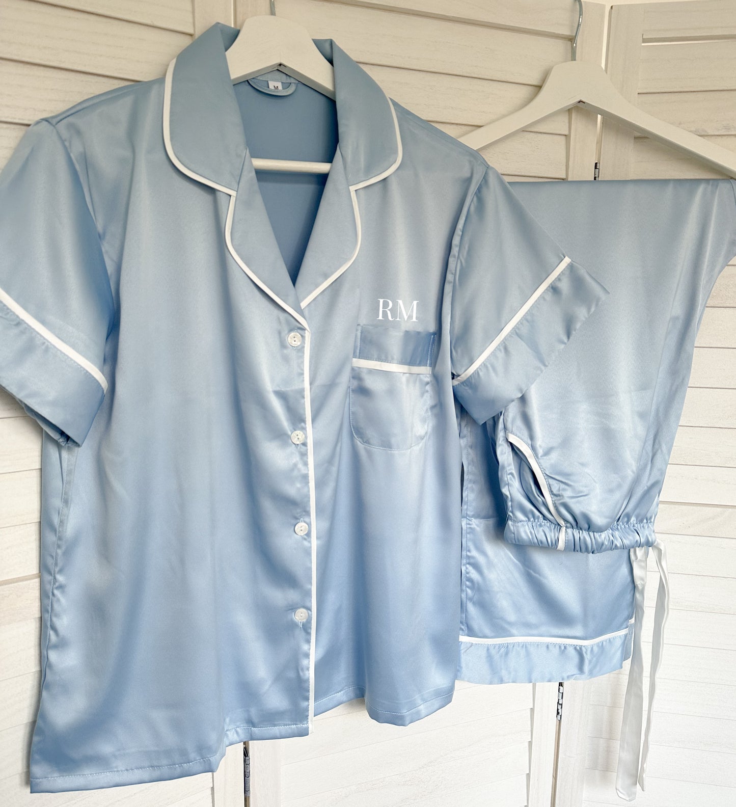 Pale Dusty Blue Personalised Short Sleeve & Trousers Satin Pyjamas