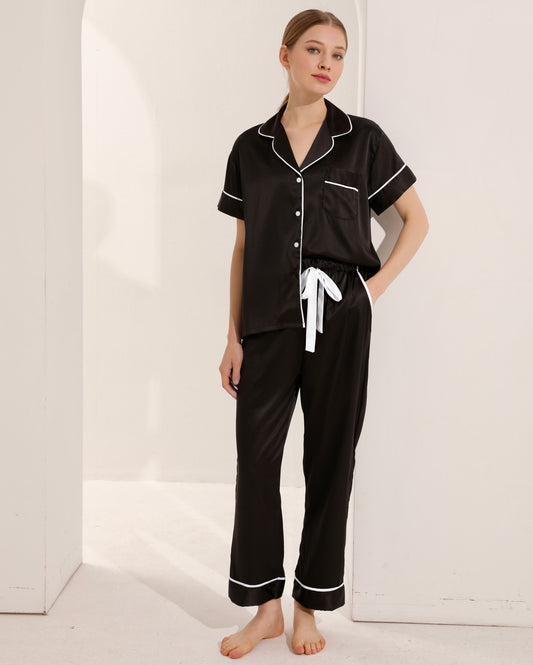 Black Personalised Short Sleeve & Trousers Satin Pyjamas