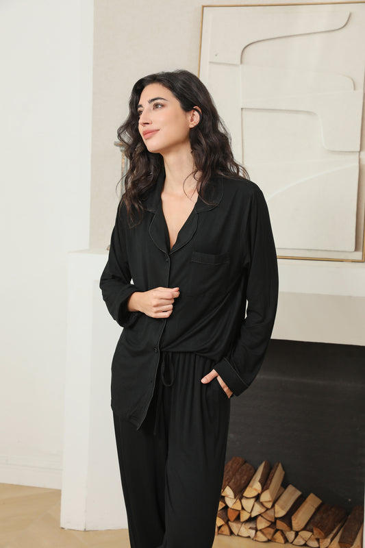 Black Super Soft Modal Long Pyjama Set