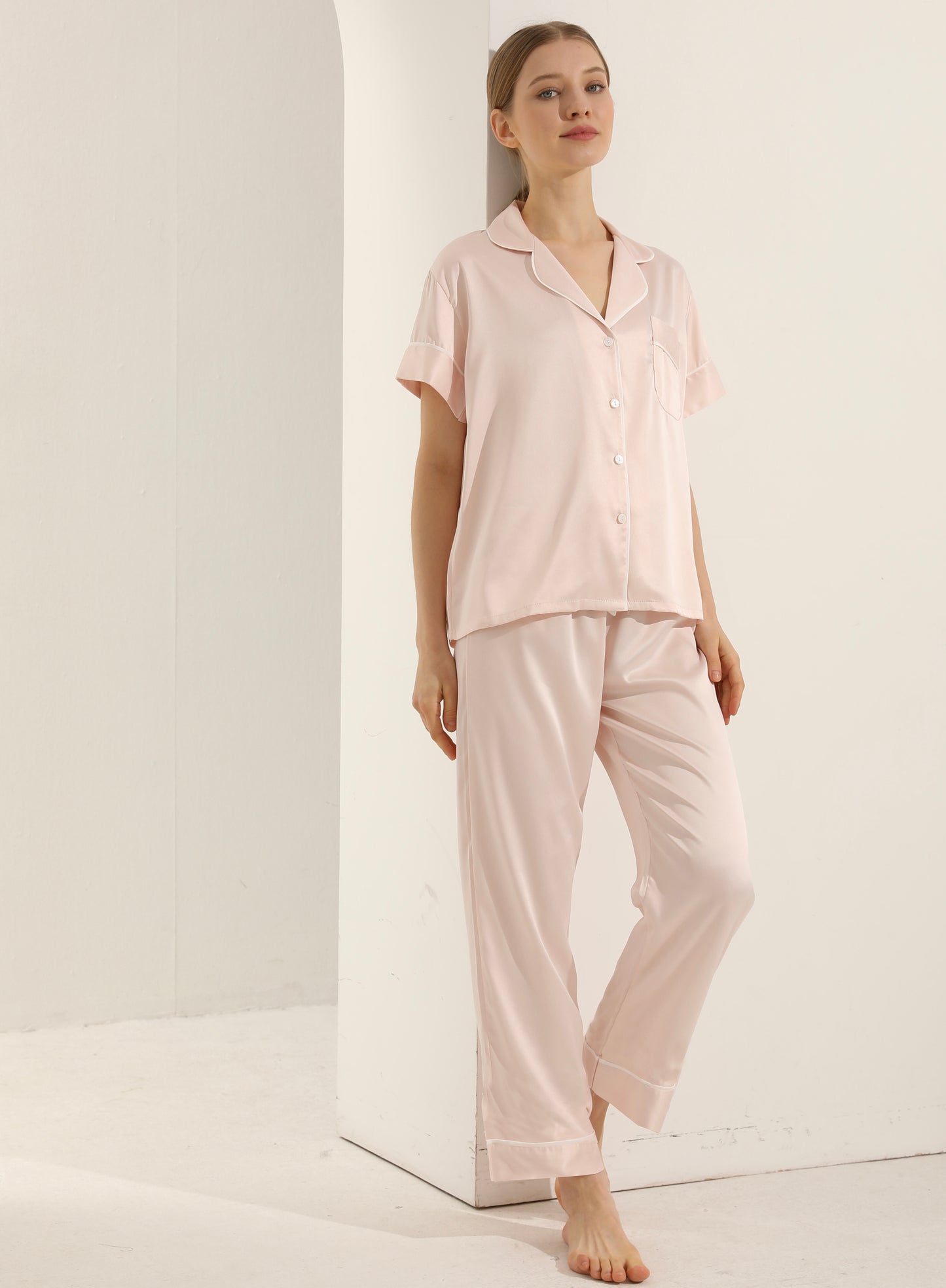Blush Pink Personalised Short Sleeve & Trousers Satin Pyjamas