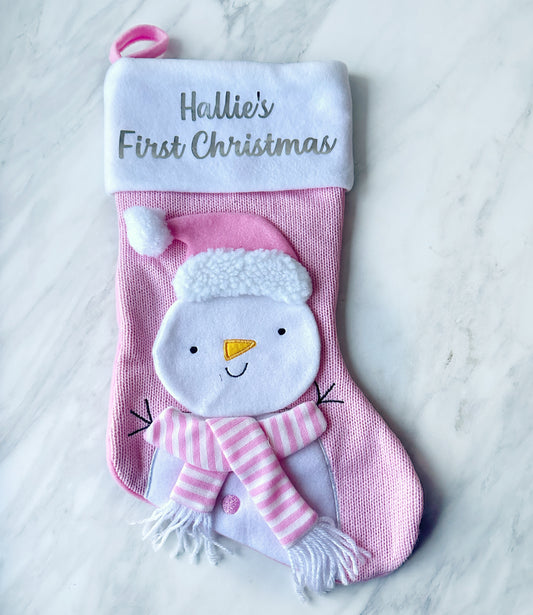 Pink Snowman Baby’s First Christmas Stocking