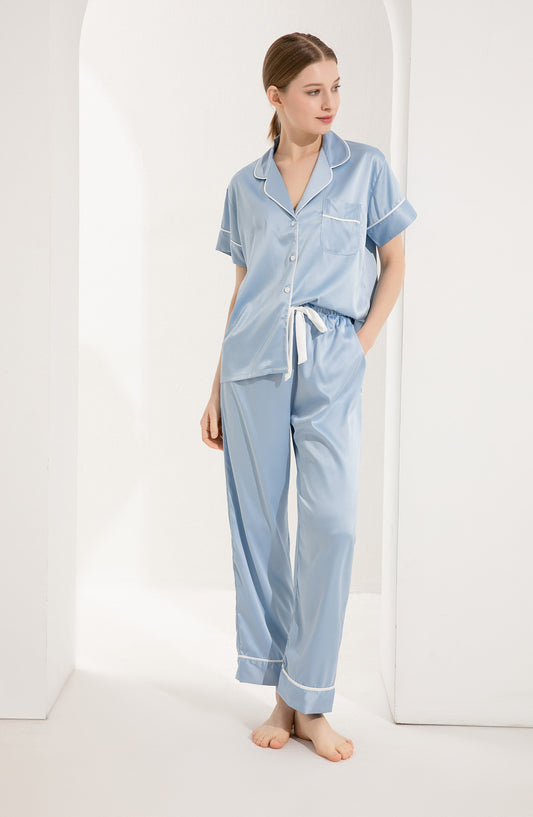 Pale Dusty Blue Personalised Short Sleeve & Trousers Satin Pyjamas