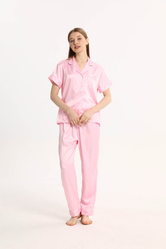 Pink Personalised Short Sleeve & Trousers Satin Pyjamas