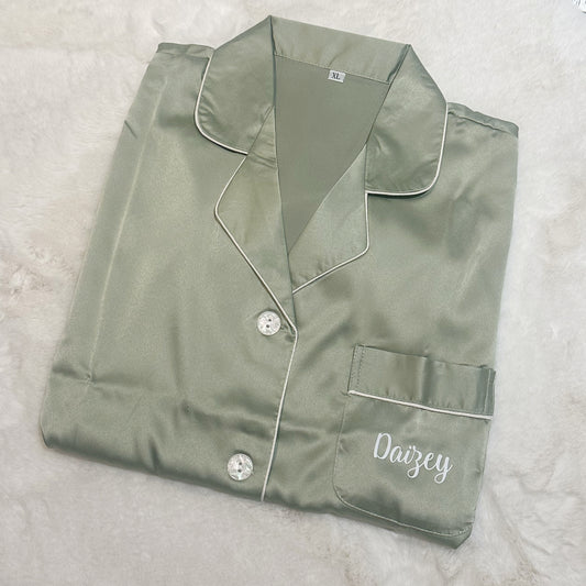 Sage Green Short Satin Personalised Pyjama Set