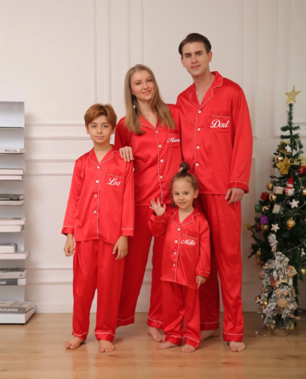 Long Red Satin Personalised Christmas Pyjama Set