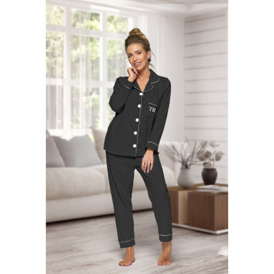 Women's Black Long Cotton Personalised Pyjamas