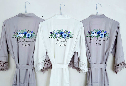 Blue Floral Bouquet Personalised Bridesmaid Robe