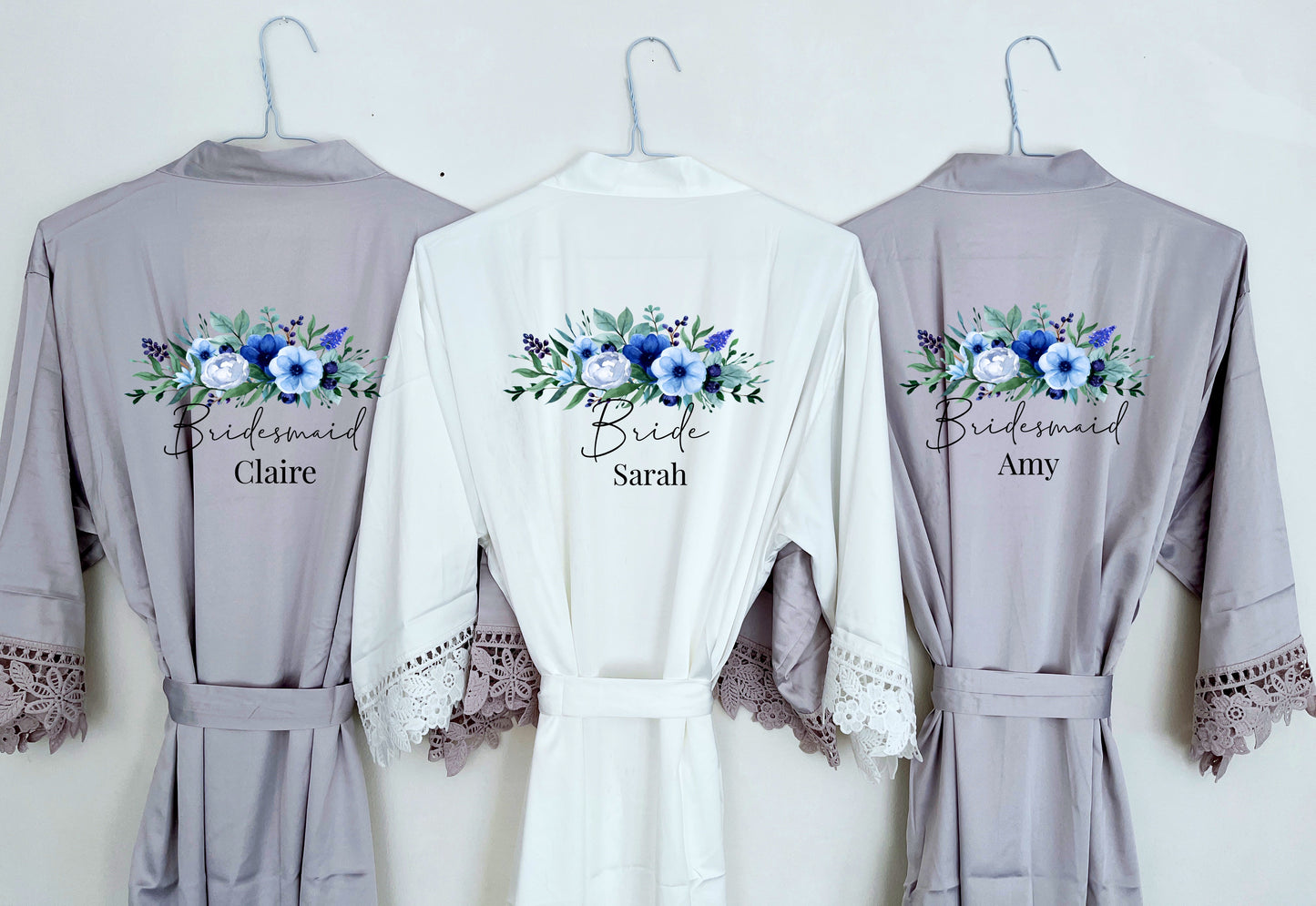 Blue Floral Bouquet Personalised Bridesmaid Robe